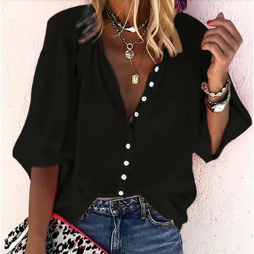 Women's Black 3/4 Sleeve Button Down Shirt NWOT